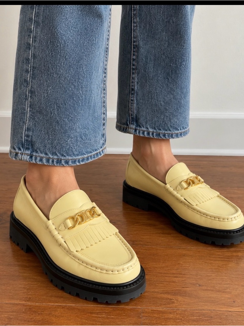 Celine Pale Yellow Leather Chain Fringe Loafers